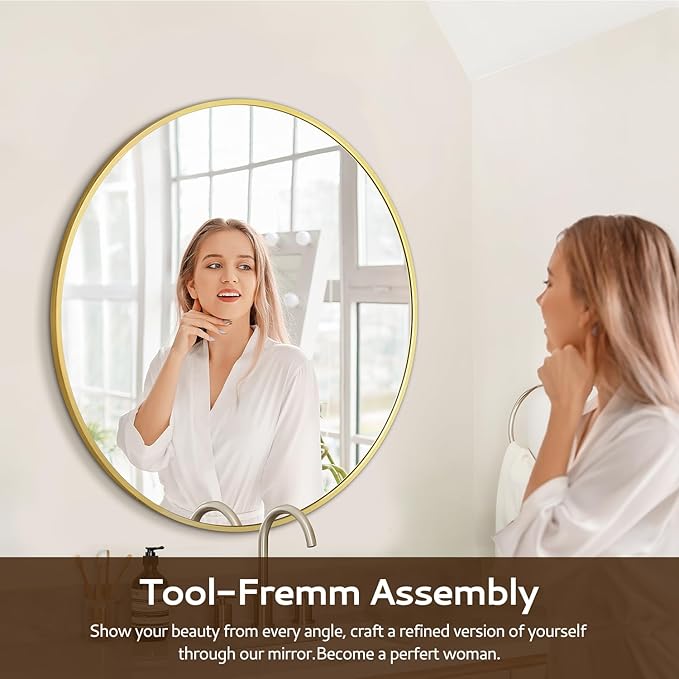 Gold Round Mirror 30 Inch Circle Mirror Bathroom Mirror Large Round Mirrors Brushed Metal Frame Anti-Rust Tempered Glass for Bathroom Bedroom Entryway Living Room