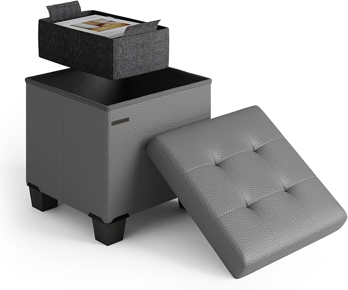 STORAGEBUD Storage Ottoman Cube with Small Bin, 16-in Square Ottoman with Storage for Living Room and Bedroom, Small Ottomans Foot Rest, Faux Leather Foot Stools Ottomans Max 330lbs, Grey