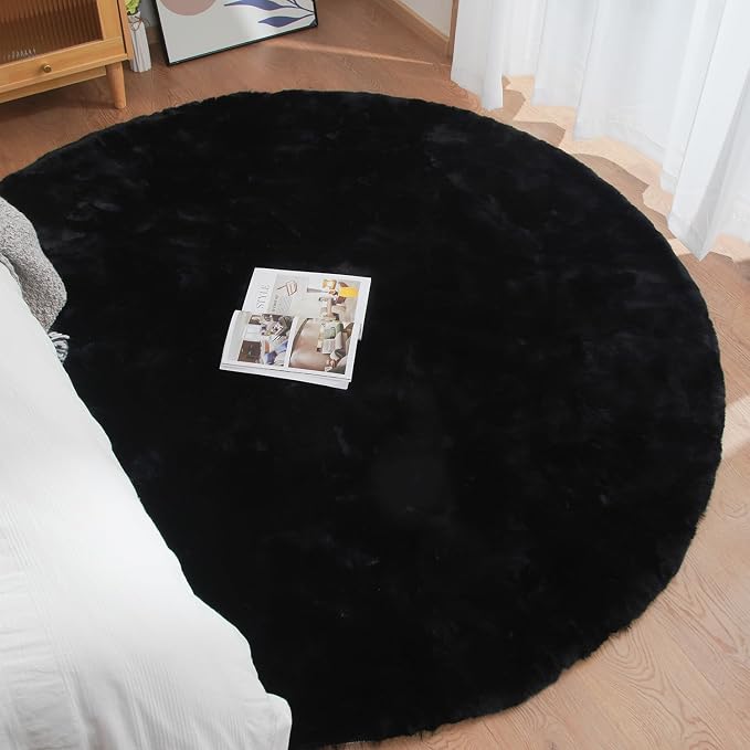 ORINOVA Black Round Plush Rugs for Bedroom Faux Bunny Fuzzy Washable Fur Area - Image 4