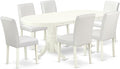 East West Furniture VAAB7-LWH-64 7 Piece Dinette Set Consist of an Oval Dining Room Table with Butterfly Leaf and 6 White Faux Leather Upholstered Chairs, 40x76 Inch, Linen White