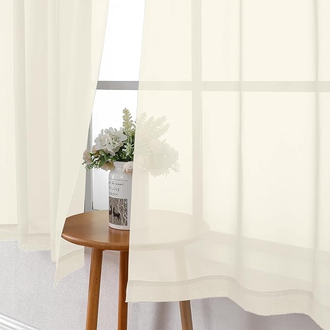 Lecloud Cream Sheer Curtains 68 Inch Length 2 Pcs, Light Filtering Bedroom - Image 6