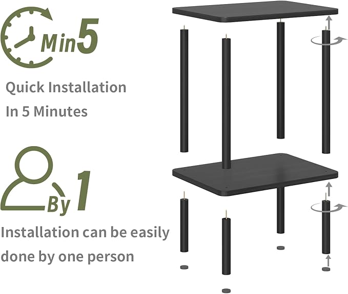 Apicizon 2 Tier End Table, Small Side Table with Solid Wood Legs, Boho Bedside Table with Storage Shelf, Nightstand for Small Spaces, Bedroom, Living Room, Entryway, Farmhouse, Easy Assembly, Black
