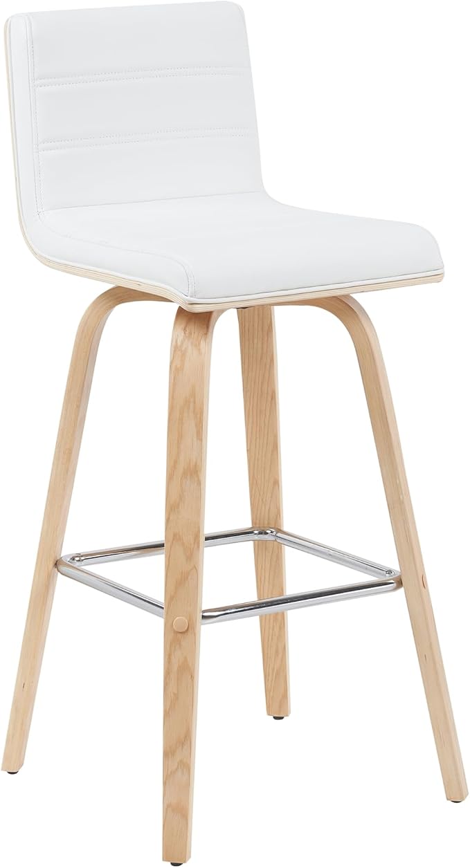 Vienna Modern Swivel Bar Height Stool with White Faux Leather Seat and Patterned Oak Wood Frame Set of 3