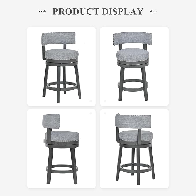 COLAMY Swivel Bar Stool Set of 2, Modern Swivel Barstool with Back, Counter Height Bar Stools, 25 Inch Upholstered Wood Barstool for Kitchen Island Dining Room Bar, Grey