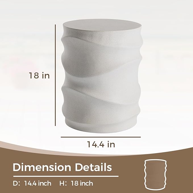 COSIEST Outdoor Side Table, 18''H Concrete Side Table for Patio, Streamlined Lightweight Accent Table, Decorative Patio Garden Stools, Plant Stand Drum Table, Round, Spotted White