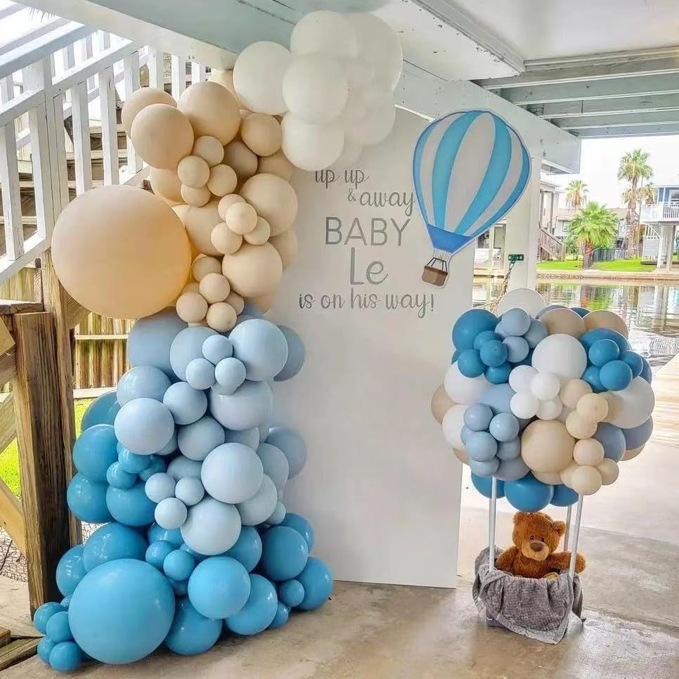 Up Up and Away Balloon Garland Arch Kit, 152pcs Dusty Slate Fog Baby Blue and Sand White Balloons with Hot Air Balloon and Cloud Foil Balloons for Baby Shower Decoration Teddy Themed Party