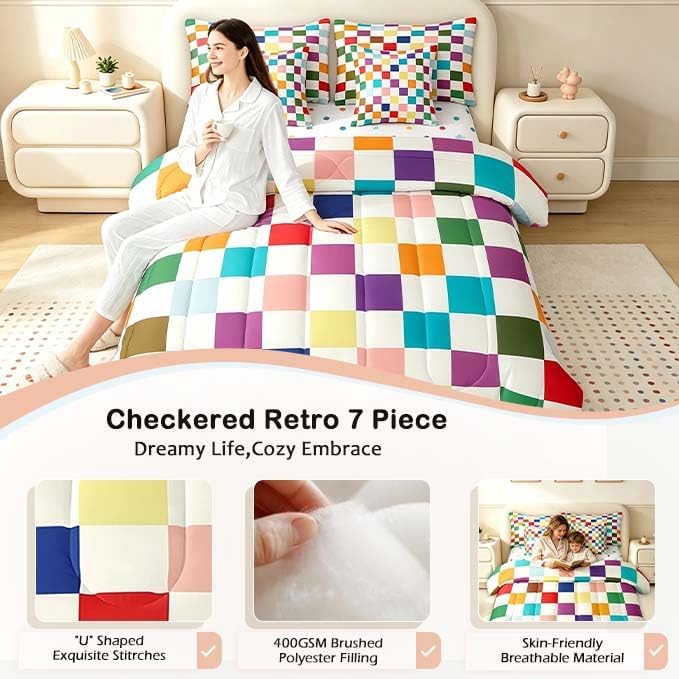 Feelyou Colorful Checkered Retro 7 Piece Bedding Set Kids Boys Girls Modern - Image 5