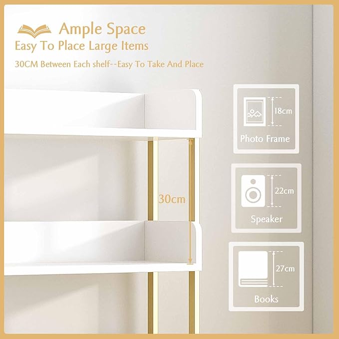 Wide Open Shelf Bookcase - Modern 5-Tier Floor Standing Display Bookshelf with Top Edge for Home and Office, Storage Shelving in Warm White with Gold Frame