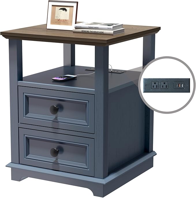 End Table with Fast USB C Charging Station, 18" Wide Tall Sofa Side Table with 2 Drawers, Large Storage Rustic Wood Square Storage Cabinet for Living Room,Bedroom,Office, Blue