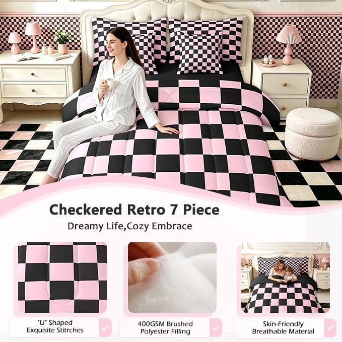 Feelyou Checkered 7 Piece Bedding Set Teen Pink Black Plaid Comforter Set - Image 5