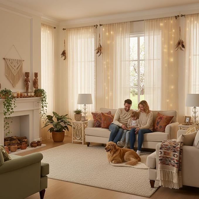 WAZZIO Boho Lace Curtains 102 Inch 2 Panel, Light Filtering Privacy Tassel & - Image 3
