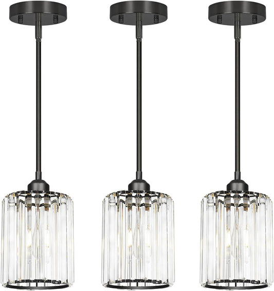 Black Kitchen Pendant Lights Over Island with Adjustable Rods - Crystal Pendant Lighting Fixtures 3 Pack, Ideal Over Dining Table or Bar, E26 Bulb Compatible, No Electrician Needed