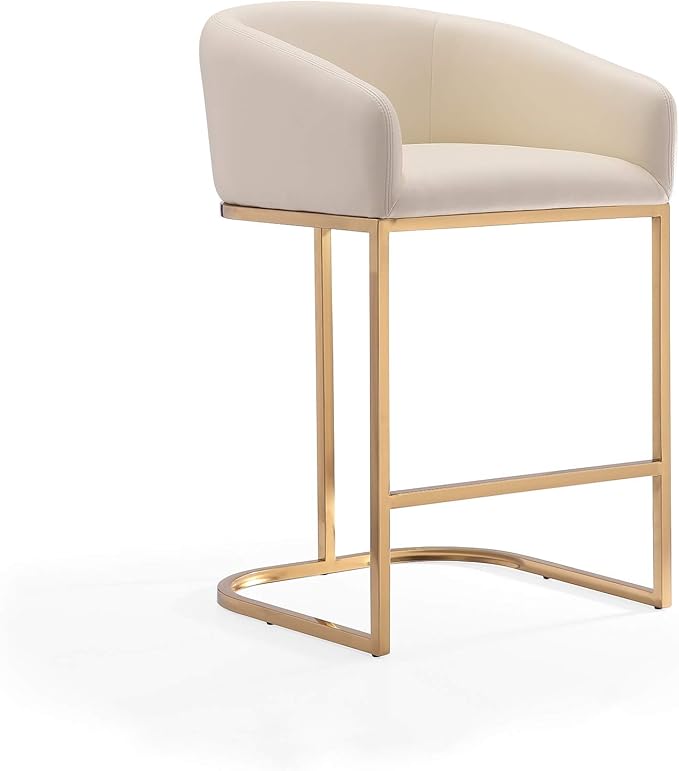 Manhattan Comfort Louvre 26 Inch Mid Century Modern Counter Height Bar Stools - Elegant Faux Leather Padded Seat, Stainless Steel Base with Footrest, Fully Assembled Barstools, Set of 1, Cream
