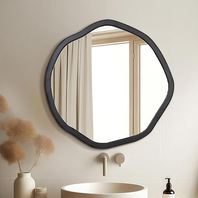 ULIKE Round Wood Mirror 24 Inch Circle Wall Mirror, Asymmetrical Bathroom Vanity Mirror with Wood Frame, Decorative Wall Mounted Mirror for Bedroom, Living Room, Entryway, Black