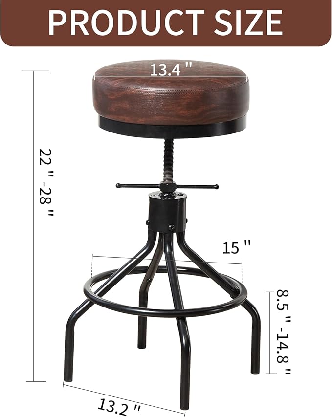 Industrial Barstools Set of 2 Adjustable Swivel Round Bar Stools Modern PU Leather 28inch Backless Counter Height Stool Metal Bar Chair for Kitchen Island (2, Walnut)