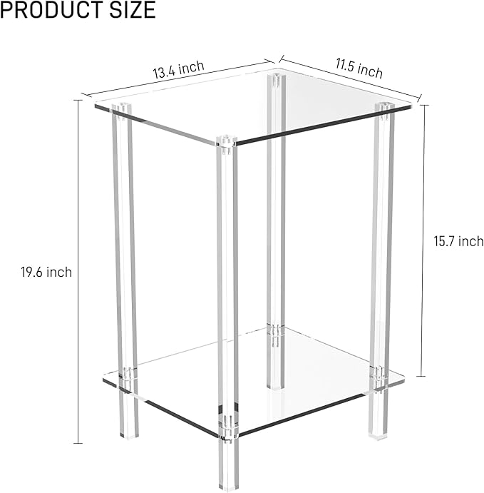 Eglaf Acrylic Side Table Set of 2-13.4'' L x 11.5'' W x 19.6'' H Small End Table Clear Nightstand Bedside Table for Living Room, Bedroom, 2-Tier, Square Leg