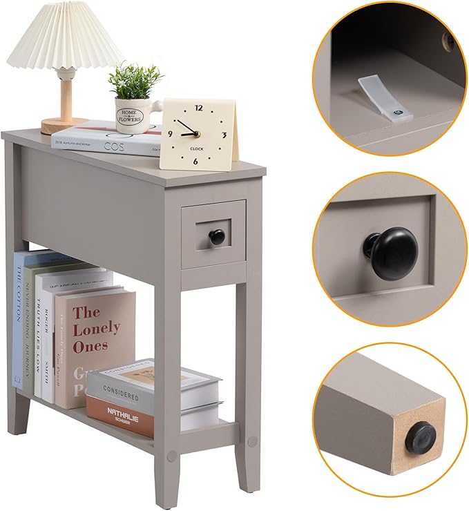Gery 2 Pack Chairside Narrow End Table with Drawer, Solid Recliner Side Table with Storage Shelf, Slim Nightstand Bedside Table for Bedroom
