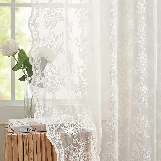 YJ YANJUN Vintage Lace Curtains 80 Inch Length Victorian Floral Cream Sheer - Image 3