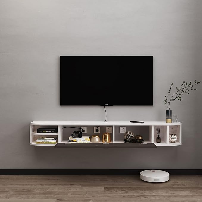 Pmnianhua Floating TV Stand,47'' Under TV Shelf,Floating TV Console,Wall Mounted TV Cabinet,Floating Entertainment Center with Storage for Bedroom Living Room(Gray-White)