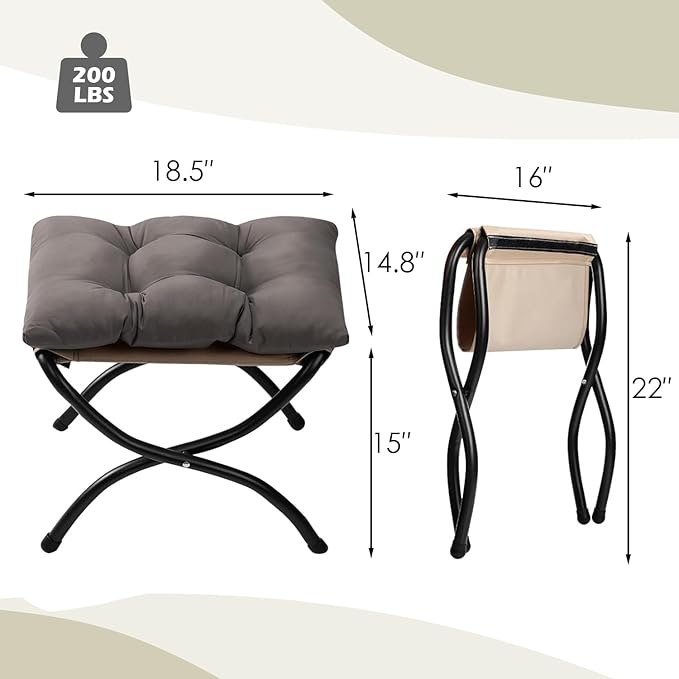 HollyHOME Fabric Lazy Chair with Foldable Ottoman, Accent Comfy Lounge Arm Chair and Folding Footrest Stool Set, Leisure Sofa Reading Chair and Footstool for Living Room, Bedroom, Dorm, Dark Grey