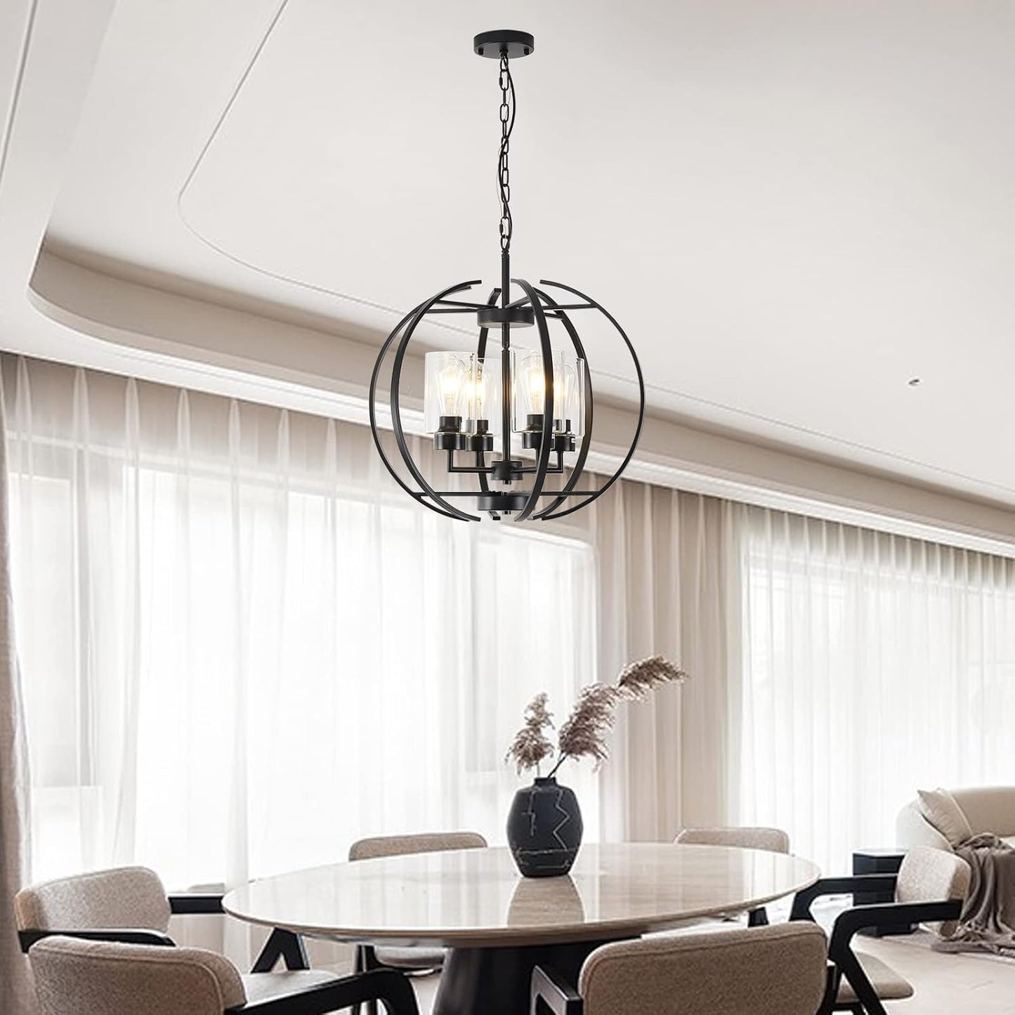Black Chandelier Lighting with Clear Glass for Dining Room, Farmhouse Hanging Lighting, 4 Lights Globe Ceiling Light Fixture