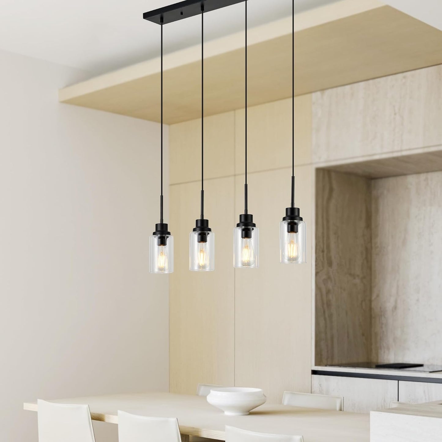 4-Lights Pendant Lighting for Kitchen Island in Black, Ceiling Light Fixtures with Adjustable Hanging Wire & Clear Glass Shades