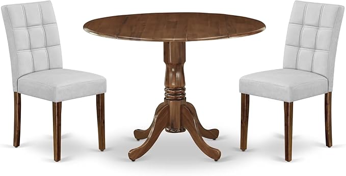 East West Furniture DLAS3-AWA-27 3 Piece Mid Century Modern Dining Set contain A Wood Table and 2 Light Gray Polyester Fabric Mid Century Modern Dining Chairs, Antique Walnut