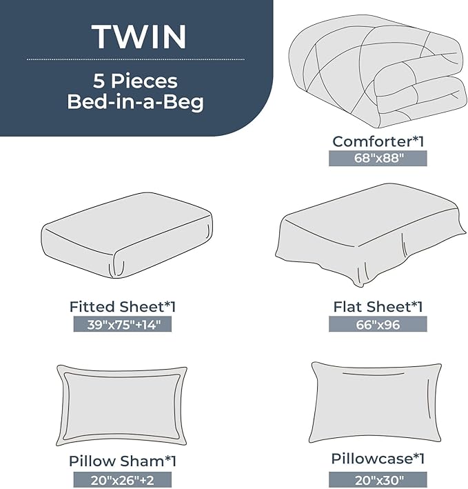 HEVUMYI Twin Comforter Set - 5-Piece All Season Bed in a Bag Twin, Ultra Soft Bedding Set with Comforter, Flat Sheet, Fitted Sheet, Pillowcases, Pillow Shams, Navy Blue & Light Grey