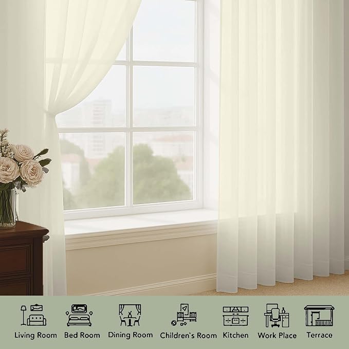 OWENIE Cream Sheer Curtain 90 Inches Long 2 Panels Set, Solid Filmy Drapes - Image 3