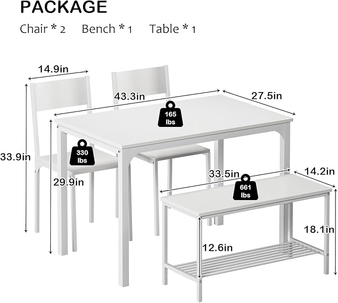 soges 4 Person Dining Table Set,43.3 inch Kitchen Table Set for 4,2 Chairs with Backrest,2-Person Bench with Storage, White Rack,Nesting Furniture Set for Dining Room and Restaurant, White