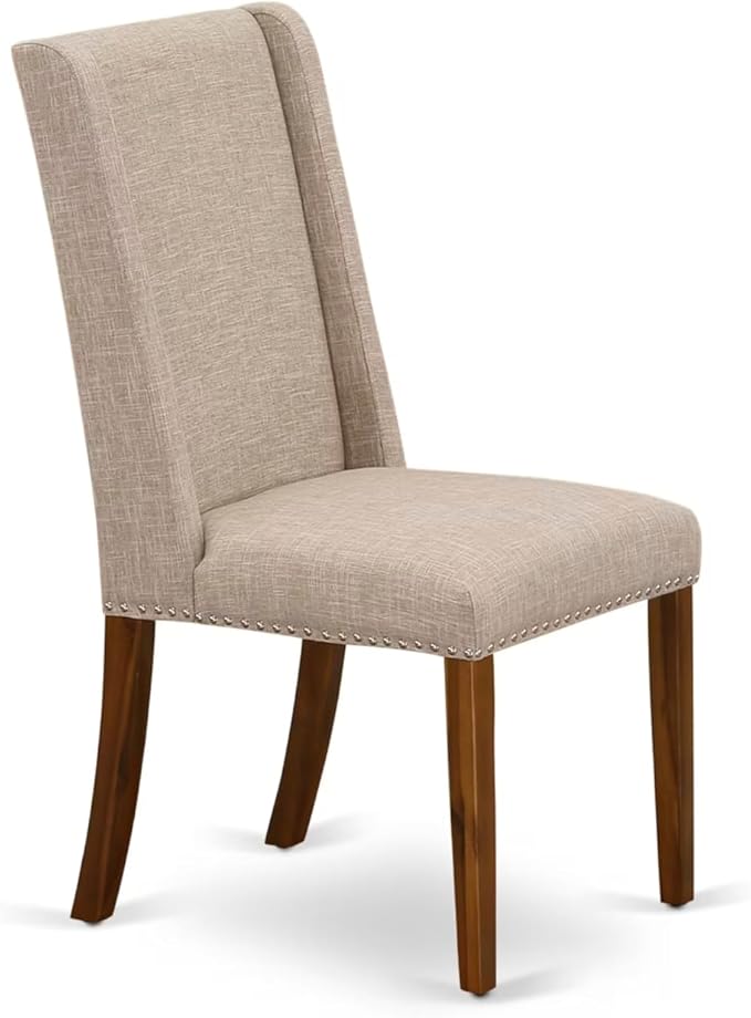 NEFL5-AWA-04-5-Piece Dining Room Set Consists of a Wooden Table and 4 Light Tan Linen Fabric upholstered Chairs with Padded Chair Back - Antique Walnut Finish.