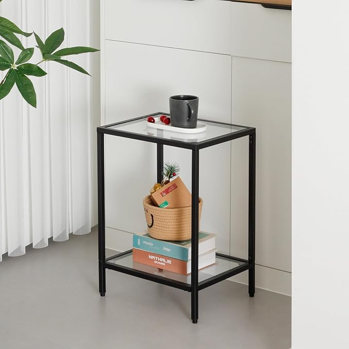 Modern 2-Tier Tempered Glass End Table - Stylish Black Metal Side Table for Small Spaces, Perfect for Living Room & Bedroom (Black, 2PCS)