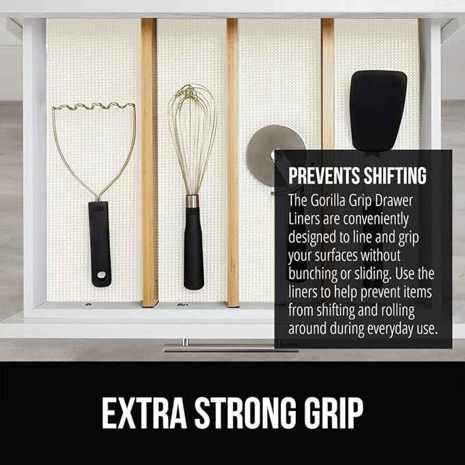 GORILLA GRIP powerGRIP Drawer Shelf and Cabinet Liner, Thick Strong Hold, Non-Adhesive Liners Protect Kitchen Cabinets and Cupboard, Bathroom Drawers, Easy Install, Breathable Mat, 12" x10' Snow White