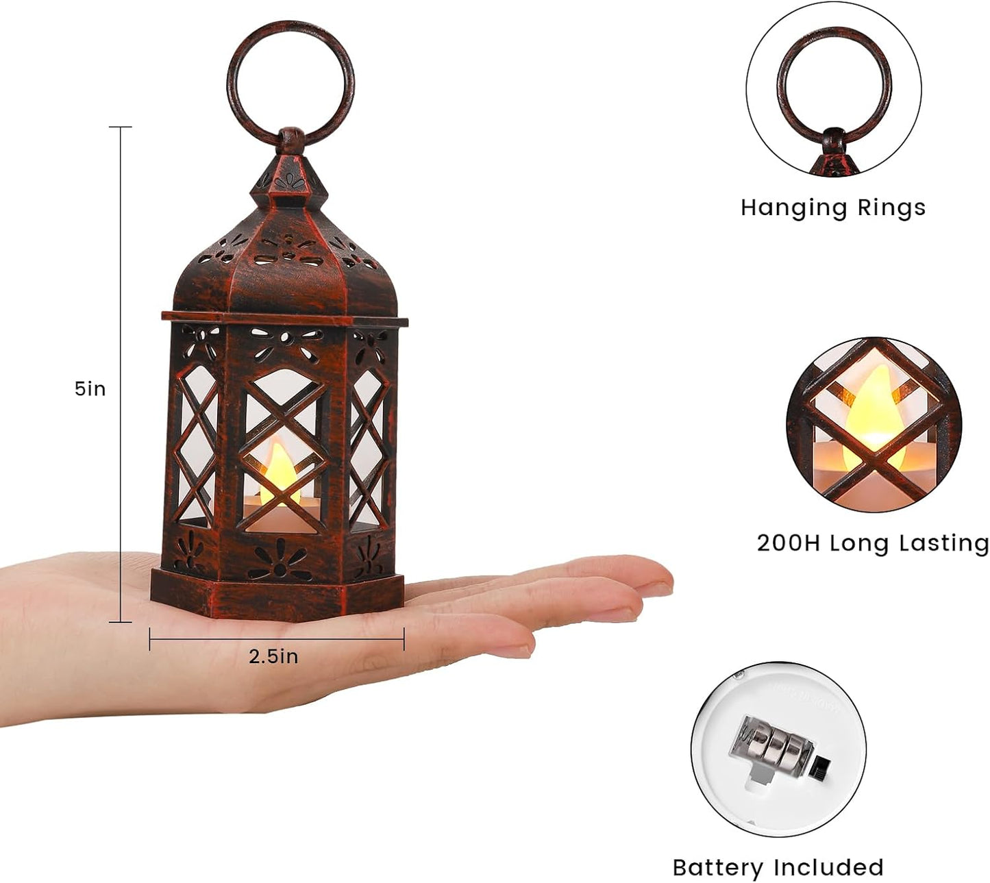 LLQ 8Pack Mini Lantern Decorative for Halloween Christmas & Wedding, Small Vintage Moroccan Lantern with Flickering LED Candle for Table Centerpieces, Enchanted Forest Medieval Decor, Hanging Ornament