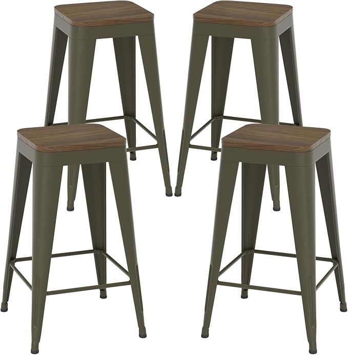 30 inch Backless Bar Stools Set of 4, Indoor Metal Bar Stools with Wood Seat, Industrial Counter Height Barstools for Kitchen Island, Rusty