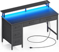 Seventable Computer Desk with Power Outlets & LED Light, 55 inch Home Office Desk with 5 Drawers, Writing Desk with Monitor Stand, Work Desk for Home Office, Black