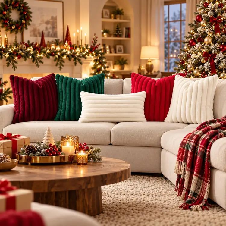decorUhome Christmas Faux Fur Throw Pillow Covers 12X20 Set of 2 Red - Image 3