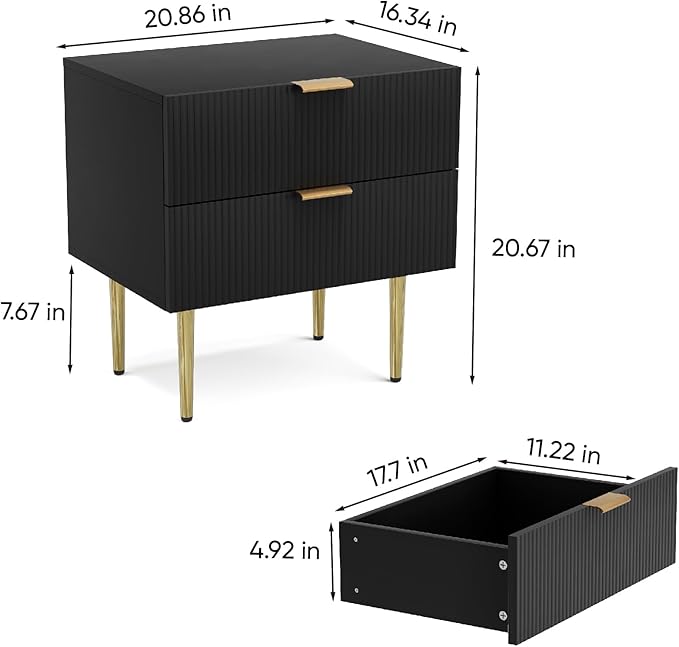 Black Nightstand for Bedroom, Fluted Night Stand Set of 2, Mid Century Modern Bedside Table with Gold Metal Legs