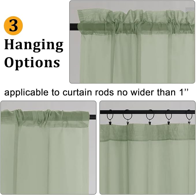 Gwine Sage Green Sheer Curtains 30 Inch Length, Short Light Filtering Voile - Image 4