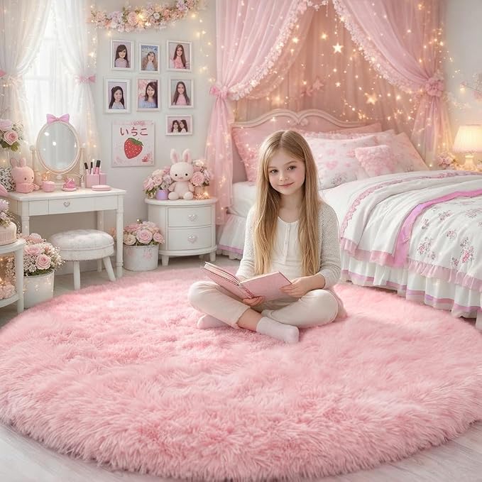 Pink Round Area Rugs 6Ft for Bedroom Living Room, Big Fluffy Shag Circle Rug by Amdrebio
