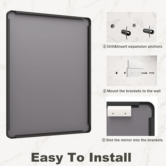 20x30 Inch Black Framed Bathroom Mirror for Wall, Matte Metal Framed Wall Mirror, Rounded Corner Rectangle Bathroom Vanity Mirror, Anti-Rust, Shatterproof (Horizontal/Vertical)