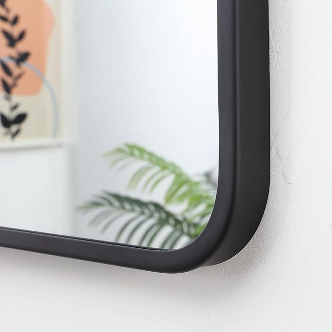 20"x36" Bathroom Wall Mirror with Matte Black Metal Frame & HD Glass, Copper-Free Mirrors Modern Rectangle Round Corner Framed Vanity Mirror - Horizontal or Vertical Installation