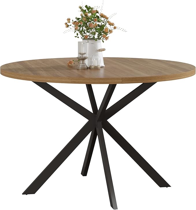 ChooChoo 47.2 Inch Round Dining Table for 4, Farmhouse Wood Kitchen Table, Circle Dinner Table for Kitchen & Dining Room, Walnut