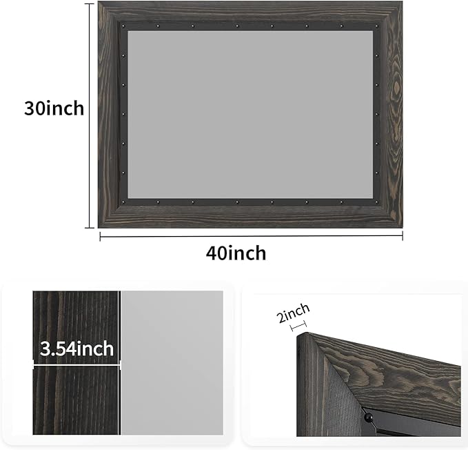 YOSHOOT Rustic Wooden Framed Wall Mirror, 40x30 Inch, Natural Wood and Iron Bathroom Vanity Mirror for Farmhouse Decor, Vertical or Horizontal Hanging