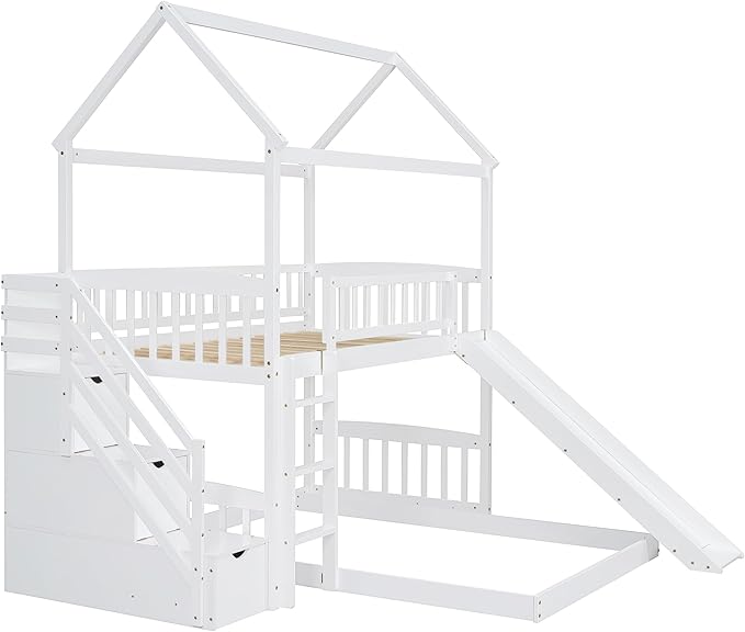 Ball & Cast Twin Over Twin Size House Bunk Bed with Slide and Storage Steps,Wood Bunkbed w/Full-Length Guard Rail & Ladder,Slat Support,Space Saving,Bedroom Furniture for Student Dorms,White