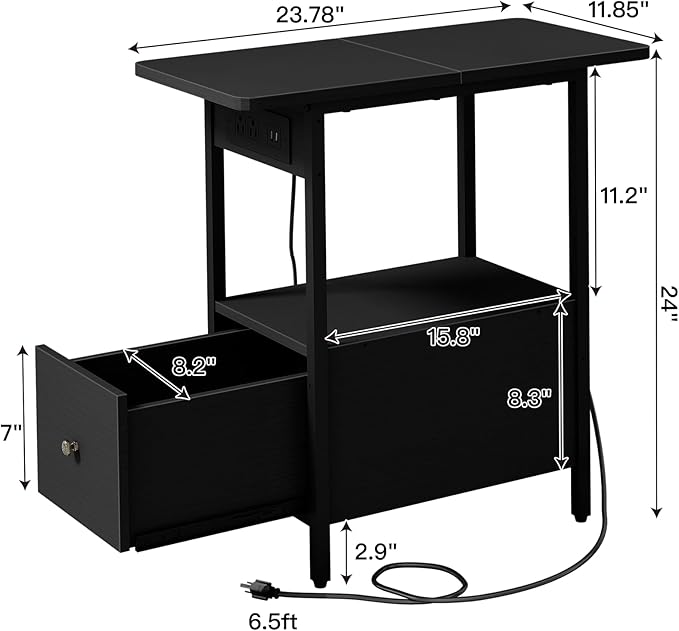 LIDYUK End Table with Charging Station, Narrow Side Table with Drawer and USB Ports & Power Outlets, Nightstand Bedside Tables for Small Spaces, Bedroom, Living Room, Black