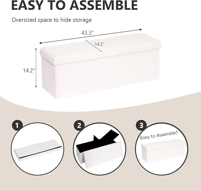 43 Inches Storage Ottoman Bench - Extra Large Foldable Ottoman with Storage, Bench for Living Room, Bedroom, Entryway - White