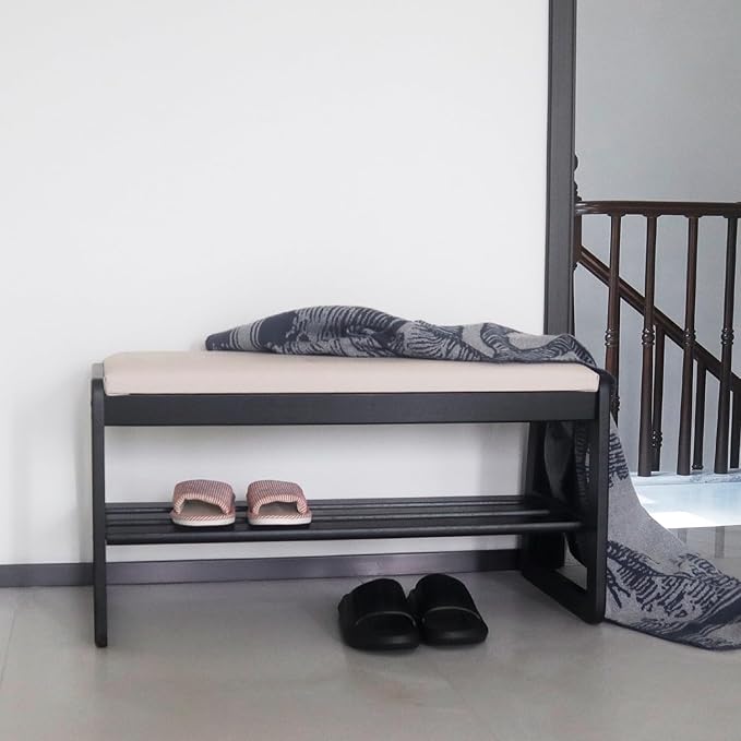 Solid Wood Shoe Rack, 2 Tier Shoe Storage Bench with Cushion Seat, 6 Pair Shoe Organizer for Entryway, Small, Black, 24 Inch
