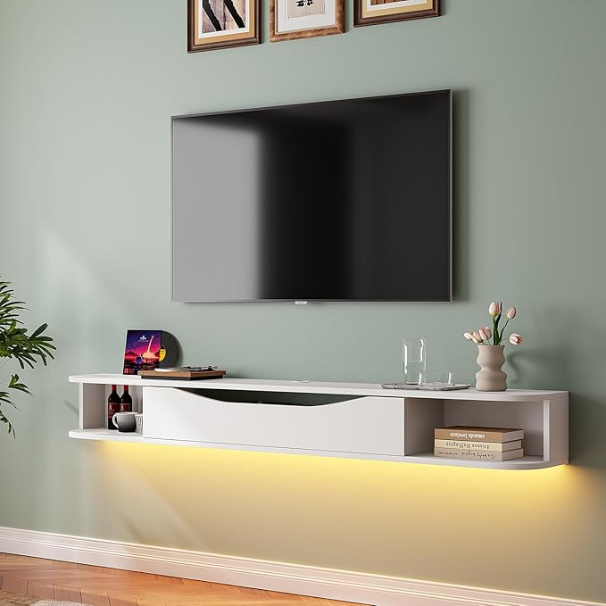 Floating TV Stand,94'' Wall Mounted TV Cabinet,Floating TV Console,Under TV Shelf with 1 Door and 2 Cabinets for TVs up to 90''(White)
