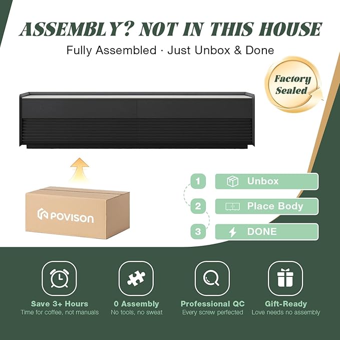 POVISON Fully-Assembled Mid Century Glossy Sintered Stone TV Stand, 78.74" Wood Media Console with Adjustable LED Light, Entertainment Center with Storage for Living Room